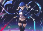  absurdres ahoge artoria_pendragon_(all) bangs baseball_cap black_legwear black_shorts blonde_hair blue_eyes blurry boots commentary cowboy_shot dark_excalibur depth_of_field dual_wielding excalibur fate/grand_order fate_(series) groin hair_between_eyes hair_through_headwear hat highres holding holding_sword holding_weapon jacket long_hair long_legs looking_at_viewer midriff mysterious_heroine_x navel nebu_(pixiv22443854) open_clothes open_jacket open_shorts ponytail saber scarf shadow shattered short_shorts shorts sidelocks solo standing sword thighhighs thighs weapon 