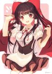  :d alternate_costume apron bangs black_hair blush bow breasts clipboard collar commentary_request detached_collar eyebrows_visible_through_hair frills hair_tubes hakurei_reimu highres holding holding_clipboard holding_pen long_hair nenobi_(nenorium) open_mouth pen puffy_short_sleeves puffy_sleeves red_bow red_eyes short_sleeves simple_background skirt smile solo thighhighs touhou twitter_username vest waist_apron waitress white_legwear 