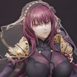  3d bodysuit boots breasts covered_nipples fate/grand_order fate_(series) high_heel_boots high_heels large_breasts leslyzerosix long_hair looking_at_viewer parted_lips pauldrons purple_hair red_eyes scathach_(fate)_(all) scathach_(fate/grand_order) solo veil 