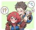  1girl armor black_hair blush bodysuit brown_hair closed_eyes embarrassed fingerless_gloves gloves hair_ornament hetero homura_(xenoblade_2) hug looking_at_viewer mochimochi_(xseynao) red_eyes red_hair rex_(xenoblade_2) seiryuu_(xenoblade) short_hair simple_background smile xenoblade_(series) xenoblade_2 