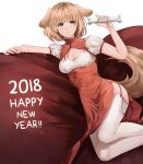  2018 :3 animal_ears arm_support bangs bob_cut bone breasts china_dress chinese_clothes chinese_zodiac cleavage closed_mouth commentary covered_collarbone dated dog_ears dog_girl dog_tail dress english_commentary eyebrows_visible_through_hair eyelashes feet_out_of_frame fingernails framed_breasts front-tie_top garter_straps grey_eyes hands_up happy_new_year highres holding holding_bone legs_up light_brown_hair looking_at_viewer medium_breasts new_year original parted_lips pelvic_curtain puffy_short_sleeves puffy_sleeves red_dress red_garter_straps shiny shiny_hair short_hair short_sleeves side_slit signature simple_background sitting solo tail tassel thighhighs turtleneck underbust white_background white_legwear xia_qing year_of_the_dog 