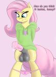  2016 anthro balls blush bottomless clothed clothing dickgirl english_text equine fluttershy_(mlp) friendship_is_magic fur green_eyes hair hi_res hoodie horse intersex mammal my_little_pony panties pink_background pink_hair pony precum simple_background smile solo text twiren underwear yellow_fur 