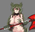  :d axe bare_shoulders blush breasts brown_eyes claws commentary cursed_sword_(monster_girl_encyclopedia) english_commentary fangs green_hair grey_background grin hair_between_eyes head_fins heterochromia horns lamia large_breasts long_hair looking_at_viewer monster_girl monster_girl_encyclopedia nav navel open_mouth paws red_eyes scales sharp_teeth simple_background smile solo teeth upper_body weapon wurm_(monster_girl_encyclopedia) 
