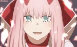  :d aqua_eyes close-up darling_in_the_franxx dirty_face face fire flame happy_tears highres horns long_hair looking_at_viewer no_hairband open_mouth pilot_suit pink_hair portrait smile solo tearing_up tears teeth texus tsurime twitter_username zero_two_(darling_in_the_franxx) 