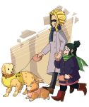  1girl absurdres animal black_pants black_sclera blonde_hair blue_eyes blue_scarf boku_no_hero_academia boots brown_eyes brown_footwear coat collar commentary diathadevil dog dog_collar dog_walking golden_retriever green_eyes green_hair green_scarf grin highres holding_hands jacket jewelry midoriya_inko open_mouth pants pink_vest purple_jacket red_footwear ring scarf shoes simple_background smile tongue tongue_out twitter_username two_side_up vest walking welsh_corgi yagi_toshinori yellow_vest 