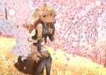  absurdres arisa_(shadowverse) bangs black_footwear black_gloves black_legwear black_shirt blonde_hair blurry blurry_foreground blush boots breasts commentary_request covered_mouth day depth_of_field dutch_angle elbow_gloves elf eyebrows_visible_through_hair field flower gloves green_eyes hair_between_eyes head_tilt highres holding holding_flower long_hair looking_at_viewer outdoors pink_flower pleated_skirt pointy_ears shadowverse shibakame shirt sitting skirt sleeveless sleeveless_shirt small_breasts solo thigh_boots thighhighs tree_stump very_long_hair white_skirt 