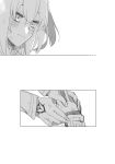  blush comic command_spell dirty_face eyebrows_visible_through_hair fate/grand_order fate_(series) fujimaru_ritsuka_(female) greyscale hair_between_eyes highres holding_hand mitsuya_bonjin monochrome mordred_(fate)_(all) multiple_girls sleeves_past_wrists smile white_background 