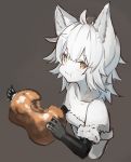  :t ahoge animal_ears bangs black_gloves blush boned_meat brown_background brown_eyes closed_mouth collarbone copyright_request cropped_torso eating elbow_gloves eyebrows_visible_through_hair food fur-trimmed_gloves fur_trim gloves hair_between_eyes holding holding_food long_hair looking_at_viewer meat nekomegane simple_background solo strapless wavy_mouth white_hair white_skin 