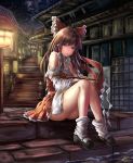  alternate_eye_color architecture ass backlighting bad_proportions bangs black_footwear bow brown_eyes brown_hair detached_sleeves east_asian_architecture error fii_fii_(feefeeowo) frilled_bow frills hair_bow hair_tubes hakurei_reimu highres lantern legs looking_at_viewer night night_sky outdoors pleated_skirt red_skirt reflective_eyes ribbon-trimmed_shirt ribbon-trimmed_skirt ribbon-trimmed_sleeves ribbon_trim shiny shiny_hair sitting skirt sky smile socks solo stairs star_(sky) starry_sky thighs touhou village water white_legwear wide_sleeves wind wooden_lantern 