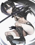  absurdres belt black_bra black_footwear black_gloves black_hair black_jacket black_rock_shooter black_rock_shooter_(character) black_shorts blue_eyes boots bra breasts cleavage gloves grey_background hair_between_eyes highres holding holding_sword holding_weapon jacket knee_boots long_hair looking_at_viewer midriff nyatabe open_clothes open_jacket parted_lips scar short_shorts shorts sideboob simple_background small_breasts solo stomach sword twintails underboob underwear unzipped very_long_hair weapon 