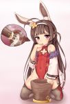  absurdres ahoge animal_ears azur_lane bangs blush braid breasts brown_hair brown_legwear bunny_ears commentary_request covered_navel eyebrows_visible_through_hair finger_to_mouth fingernails food fur-trimmed_jacket fur_trim greentree groin hairband heart highres jacket kine kneeling leotard long_hair looking_at_viewer mortar navel off_shoulder parted_lips ping_hai_(azur_lane) red_eyes red_leotard small_breasts solo suggestive_fluid thighhighs very_long_hair white_hairband white_jacket 