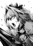  armor astolfo_(fate) bow cuts emphasis_lines fate_(series) greyscale hair_bow hair_intakes injury male_focus monochrome open_mouth profile sword toritora weapon white_background 