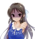  bangs blue_dress bow brown_eyes brown_hair dress empty_eyes floral_print gloom_(expression) hair_bow idolmaster idolmaster_cinderella_girls kotons long_hair looking_at_viewer shaded_face sidelocks solo tachibana_arisu thumbs_down v-shaped_eyebrows white_background 