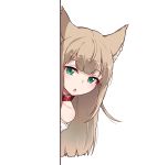  40hara :o animal_ears blonde_hair cat_ears collar collarbone eyebrows_visible_through_hair green_eyes long_hair looking_at_viewer off_shoulder original peeking_out solo white_background 