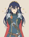  blue_eyes blue_hair blush fingerless_gloves fire_emblem fire_emblem:_kakusei glasses gloves highres jivke long_hair looking_at_viewer lucina simple_background solo tiara 