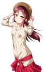  bangs bow collarbone commentary_request dress eyebrows_visible_through_hair hair_between_eyes hair_ornament hairclip hat highres long_hair looking_at_viewer love_live! love_live!_sunshine!! red_hair sakurauchi_riko simple_background smile solo white_background yellow_eyes yopparai_oni 