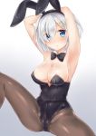  animal_ears arms_behind_head arms_up black_legwear black_leotard black_neckwear blue_eyes bow bowtie breasts bunny_ears bunnysuit detached_collar gradient gradient_background hair_ornament hair_over_one_eye hairclip hamakaze_(kantai_collection) kantai_collection large_breasts leotard looking_at_viewer nikoo pantyhose short_hair silver_hair sitting solo strapless strapless_leotard white_background 