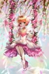  antenna_hair back_bow blonde_hair boots bow cardcaptor_sakura cherry_blossoms choker collarbone day dress eyebrows_visible_through_hair flower full_body gloves green_eyes hair_ornament heavenlove highres holding holding_flower jewelry kinomoto_sakura layered_dress looking_at_viewer necklace outdoors pink_flower short_hair sidelocks sitting sleeveless sleeveless_dress smile solo transparent_bow white_footwear white_gloves 