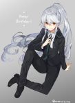  adjusting_clothes adjusting_necktie arm_support bangs brown_eyes commentary_request formal full_body happy_birthday long_hair mishima_kurone necktie pant_suit ponytail shirokami_project shoes sidelocks signature solo suit tierra_azur twitter_username very_long_hair white_hair 