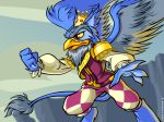  2007 4:3 abstract_background anthro avian beak blue_fur clothing crown digital_media_(artwork) digitigrade eyrie feathered_wings feathers fist fur grey_fur grey_mane gryphon male mane neopets official_art pants red_eyes shirt solo standing vest wings yellow_sclera 