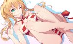  ;) arm_at_side bare_legs barefoot bikini blonde_hair breasts bright_pupils commentary_request criss-cross_halter dutch_angle fate/grand_order fate_(series) green_eyes groin hair_between_eyes halterneck long_hair looking_at_viewer lying medium_breasts nero_claudius_(fate)_(all) nero_claudius_(swimsuit_caster)_(fate) nian on_back one_eye_closed side-tie_bikini sidelocks simple_background smile solo star striped striped_bikini swimsuit twintails 