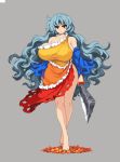  autumn_leaves bare_legs bare_shoulders barefoot breasts commentary_request detached_sleeves dress frown gigantic_breasts grey_background hatchet holding holding_weapon long_hair looking_at_viewer lowres multicolored multicolored_clothes multicolored_dress oriental_hatchet pixel_art red_eyes sakata_nemuno silver_hair simple_background single_strap solo standing takorin touhou very_long_hair wavy_hair weapon wide_hips wide_sleeves 