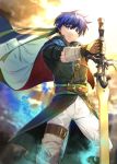  armor blue_eyes blue_hair cape fingerless_gloves fire_emblem fire_emblem:_souen_no_kiseki gloves headband highres ike looking_at_viewer male_focus ragnell short_hair simple_background solo sword tdob_mk2 weapon 