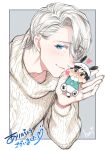  animal_hat artist_name black_hair blue_eyes blush brown_eyes cosplay dog_hat glasses hat heart highres hory_makoto katsuki_yuuri male_focus miniboy multiple_boys paws pochacco pochacco_(cosplay) ribbed_sweater sanrio silver_hair sweater translation_request turtleneck turtleneck_sweater viktor_nikiforov yuri!!!_on_ice 