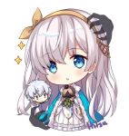 1girl anastasia_(fate/grand_order) bags_under_eyes blue_cloak blue_eyes blush brown_hair brown_hairband brown_ribbon chibi cloak crown dress fate/grand_order fate_(series) hair_ribbon hairband head_tilt hitsukuya holding kadoc_zemlupus long_hair looking_at_viewer mini_crown parted_lips ribbon signature silver_hair simple_background solo_focus sparkle very_long_hair white_background white_dress 