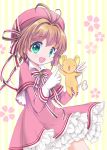  :d antenna_hair brown_hair capelet cardcaptor_sakura chibitan dress gloves green_eyes hat highres kero kinomoto_sakura looking_at_viewer open_mouth pink_dress pink_hat short_hair smile white_gloves 