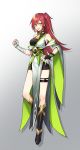  :d bandaged_arm bandages bare_shoulders black_footwear black_gloves boots breasts bridal_gauntlets contrapposto gloves gradient gradient_background green_eyes grey_background hair_between_eyes hair_ornament hairclip kangetsu_(fhalei) leg_belt long_hair looking_at_viewer medium_breasts off_shoulder one_side_up open_mouth original red_hair smile solo standing 
