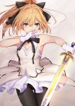  artoria_pendragon_(all) bangs bare_shoulders black_bow black_cola black_legwear blonde_hair blush bow breasts caliburn carnival_phantasm commentary_request covered_mouth cowboy_shot dress eyebrows_visible_through_hair fate/grand_order fate/stay_night fate/unlimited_codes fate_(series) gloves green_eyes hair_between_eyes hair_bow high_ponytail highres holding holding_sword holding_weapon long_hair looking_at_viewer medium_breasts panties pantyhose pantyshot pantyshot_(standing) ponytail saber_lily solo standing sword thigh_gap underwear weapon white_dress white_gloves 