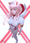  aqua_eyes bodysuit closed_mouth darling_in_the_franxx foreshortening from_above hairband highres horns lips long_hair looking_at_viewer pilot_suit pink_hair raikoart shiny shiny_clothes signature solo straight_hair white_bodysuit white_hairband zero_two_(darling_in_the_franxx) 