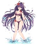  bikini black_ribbon breasts date_a_live flower front-tie_top hair_flower hair_ornament hair_ribbon highres long_hair looking_at_viewer medium_breasts neps-l open_mouth ponytail purple_bikini purple_eyes purple_hair ribbon simple_background smile solo splashing swimsuit very_long_hair wading white_background yatogami_tooka 