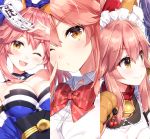  animal_ear_fluff animal_ears apron bell bell_collar blush breasts cat_paws cleavage collar collarbone detached_sleeves fate/grand_order fate_(series) fox_ears gloves japanese_clothes jingle_bell large_breasts long_hair looking_at_viewer maid_headdress masuishi_kinoto multiple_girls one_eye_closed paw_gloves paws pink_hair school_uniform shirt smile tamamo_(fate)_(all) tamamo_cat_(fate) tamamo_jk_(fate) tamamo_no_mae_(fate) twintails yellow_eyes 