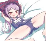  1girl covered_navel fang lavender_hair long_hair name_tag on_back on_bed one-piece_swimsuit overlord_(maruyama) red_eyes shalltear_bloodfallen slit_pupils swimsuit 
