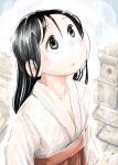  :o black_eyes black_hair commentary_request from_side hakama hare_(tetterutei) highres japanese_clothes looking_up original outdoors parted_lips rain red_hakama solo stone_lantern wet wet_clothes 