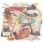  :o ahoge aqua_hair black_cloak blush book book_focus book_stack bookmark bow brown_eyes commentary_request frilled_pillow frills green_bow hair_ornament hat hat_bow holding holding_book inkwell minigirl mokarooru open_book original pillow pointy_ears quill reading short_hair solo star tassel traditional_media watercolor_(medium) witch witch_hat x_hair_ornament 
