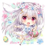  :d ameto_yuki animal_ears artist_name bangs basket blanc_(ameto_yuki) blue_flower blush bracelet brown_footwear bunny_ears chibi commentary_request crescent crescent_hair_ornament dress easter_egg egg egg_hair_ornament eyebrows_visible_through_hair flower flower_wreath food_themed_hair_ornament full_body hair_between_eyes hair_ornament head_wreath heart jewelry long_hair looking_at_viewer open_mouth original petals pink_flower puffy_short_sleeves puffy_sleeves red_eyes short_sleeves silver_hair smile socks solo standing standing_on_one_leg very_long_hair white_dress white_flower white_legwear 