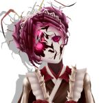  1girl cracked_mask entoma_vasilissa_zeta head_tilt insect_girl japanese_clothes kimono looking_at_viewer maid mask monster_girl overlord_(maruyama) purple_hair red_eyes simple_background white_background 