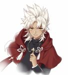  amakusa_shirou_(fate) bangs cross cross_necklace earrings eyebrows_visible_through_hair fate/grand_order fate_(series) habit hand_up holding jewelry kangetsu_(fhalei) latin_cross long_sleeves looking_at_viewer male_focus necklace parted_bangs parted_lips pointy_hair robe simple_background smile solo tassel white_background white_hair yellow_eyes 