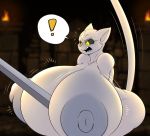  2018 anthro ber00 big_breasts big_nipples black_sclera breast_expansion breasts cat expansion feline female fur hat huge_breasts hyper hyper_breasts mammal melee_weapon night_in_the_woods nipples nude palecat skullman777 solo torch weapon white_fur yellow_eyes 