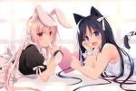  :d animal_ears apron bangs bare_arms bare_shoulders black_dress black_hair blue_eyes blush bunny_ears cat_ears cat_girl cat_tail closed_mouth commentary_request day dress eyebrows_visible_through_hair fang hair_between_eyes heart long_hair looking_at_viewer looking_to_the_side lying maid maid_apron maid_headdress motomiya_mitsuki multiple_girls on_stomach open_mouth original pink_hair puffy_short_sleeves puffy_sleeves red_eyes short_sleeves sleeveless sleeveless_dress smile sunlight tail very_long_hair white_apron white_dress window wrist_cuffs 