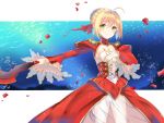  aestus_estus ahoge bangs blonde_hair blush braid breasts closed_mouth dress epaulettes eyebrows_visible_through_hair fate/extra fate_(series) green_eyes hair_between_eyes hair_bun hair_ribbon holding holding_sword holding_weapon juliet_sleeves large_breasts long_sleeves looking_at_viewer nero_claudius_(fate) nero_claudius_(fate)_(all) outstretched_arm petals puffy_sleeves red_dress red_ribbon ribbon see-through sidelocks smile solo sword toki_(yoyobozi) weapon wide_sleeves 