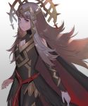  armor cape cleavage_cutout commentary_request crown elbow_sleeve fire_emblem fire_emblem_heroes gloves grey_hair hair_ornament kyufe long_hair red_eyes solo veronica_(fire_emblem) 