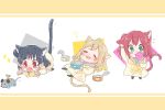  3girls :d :o =3 animal_ears arm_up bangs black_legwear blue_hair blush bow bowtie brown_hair can candy cat_ears cat_food cat_tail chibi closed_eyes double-breasted fang flying_sweatdrops food food_on_face green_eyes highres holding_lollipop kemonomimi_mode kunikida_hanamaru kurosawa_dia letterboxed lollipop long_sleeves looking_at_viewer love_live! love_live!_sunshine!! lying multiple_girls on_back open_mouth red_eyes red_hair school_uniform serafuku side_bun smile tail tail_raised toy_mouse tsushima_yoshiko two_side_up uranohoshi_school_uniform v-shaped_eyebrows yellow_neckwear 