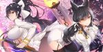  animal_ears architecture ass atago_(azur_lane) azur_lane black_hair bow breasts brown_eyes cherry_blossoms east_asian_architecture frown garter_straps gloves hair_bow hair_flaps hand_on_own_chest jacket large_breasts long_hair long_sleeves looking_at_viewer military military_uniform multiple_girls naval_uniform pantyhose pleated_skirt ponytail signature skirt smile sword takao_(azur_lane) thighhighs uniform very_long_hair weapon white_gloves white_jacket white_skirt yaman 