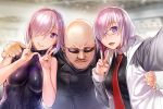  2girls :d armor armored_dress bald bare_shoulders black-framed_eyewear blurry blurry_background breasts closed_mouth dress dual_persona eyebrows_visible_through_hair eyes_visible_through_hair facial_hair facing_viewer fate/grand_order fate_(series) girl_sandwich glasses hair_over_one_eye hand_on_another's_shoulder hands_up impossible_clothes impossible_dress jacket large_breasts lavender_hair lips long_sleeves mafia_kajita mash_kyrielight medium_breasts multiple_girls mustache necktie nekomata_naomi open_clothes open_jacket open_mouth parted_lips purple_eyes raglan_sleeves real_life red_neckwear sandwiched shiny shiny_hair short_hair smile sparkle sunglasses upper_body v wing_collar 