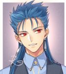  blue_hair blue_shirt collared_shirt earrings fate/stay_night fate_(series) head_tilt jewelry kangetsu_(fhalei) lancer long_hair male_focus parted_lips purple_background red_eyes shirt signature smile solo vest wing_collar 