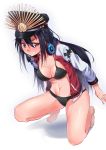  absurdres barefoot bikini black_bikini black_hair black_hat blush breasts cleavage collarbone commentary_request fate/grand_order fate_(series) feet full_body hat headphones headphones_around_neck highres jpeg_artifacts long_hair long_sleeves looking_at_viewer medium_breasts navel nose_blush oda_nobunaga_(fate) oda_nobunaga_(swimsuit_berserker)_(fate) onsen_mikan peaked_cap red_eyes shiny shiny_skin simple_background smile solo swimsuit teeth white_background 